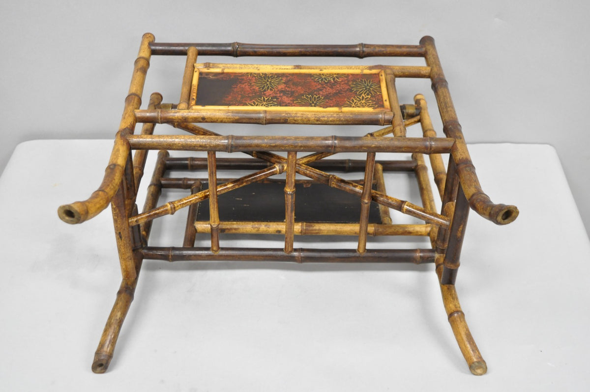 Antique English Victorian Bamboo Fretwork Canterbury Magazine Rack Stand