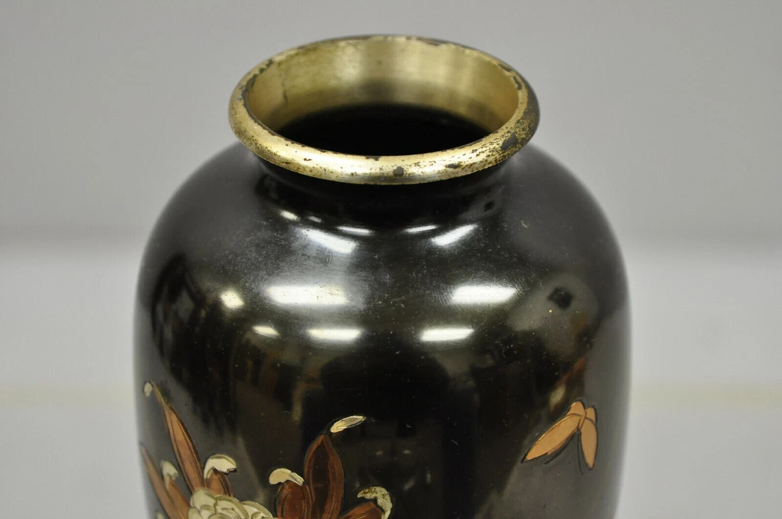Vintage Chinese Oriental Bronze Metal Floral Engraved 8.5" Flower Vase