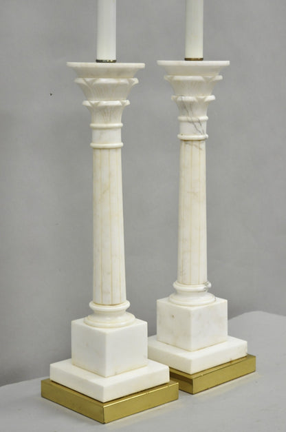 Vintage Italian Neoclassical White Carved Marble Empire Column Table Lamp Pair