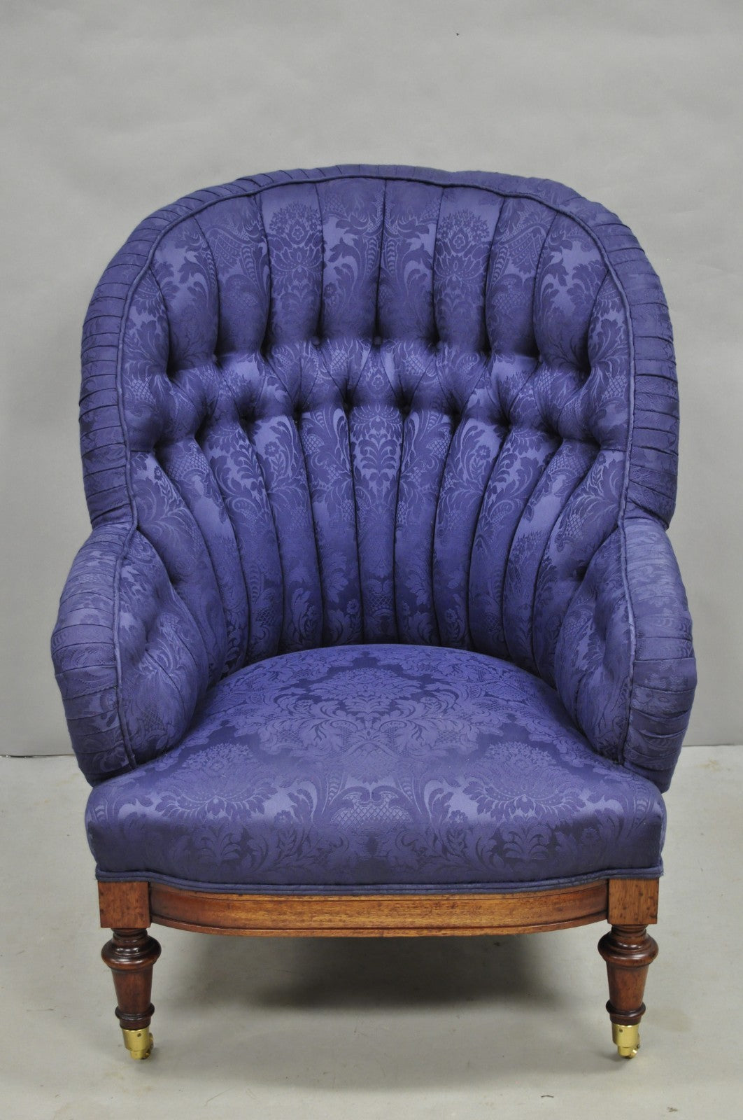 Vintage English Napoleon III Style Blue Button Tufted Fan Back Club Chairs, Pair