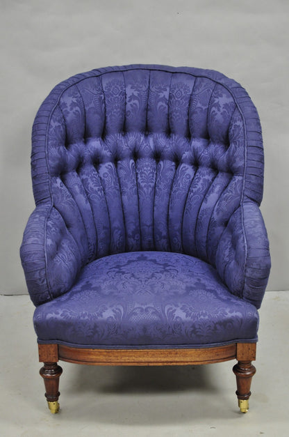 Vintage English Napoleon III Style Blue Button Tufted Fan Back Club Chairs, Pair