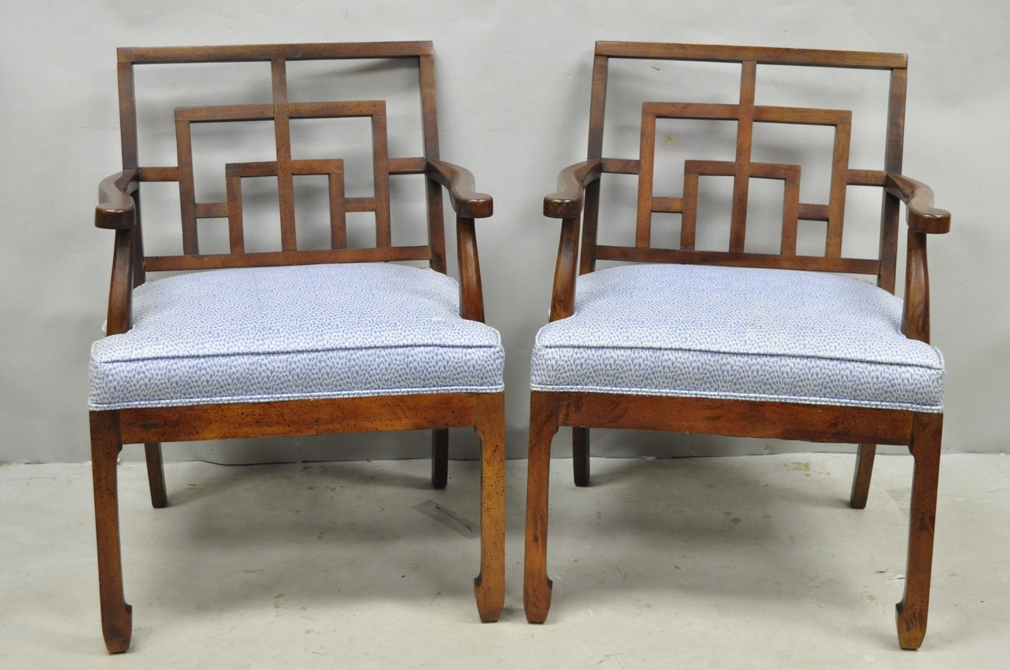 Vintage Chinese Chippendale James Mont Style Fretwork Lounge Arm Chairs - a Pair