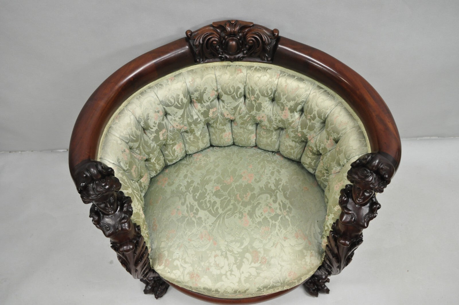 Antique Karpen Victorian Rococo Figural Maiden Carved Mahogany Parlor Club Chair