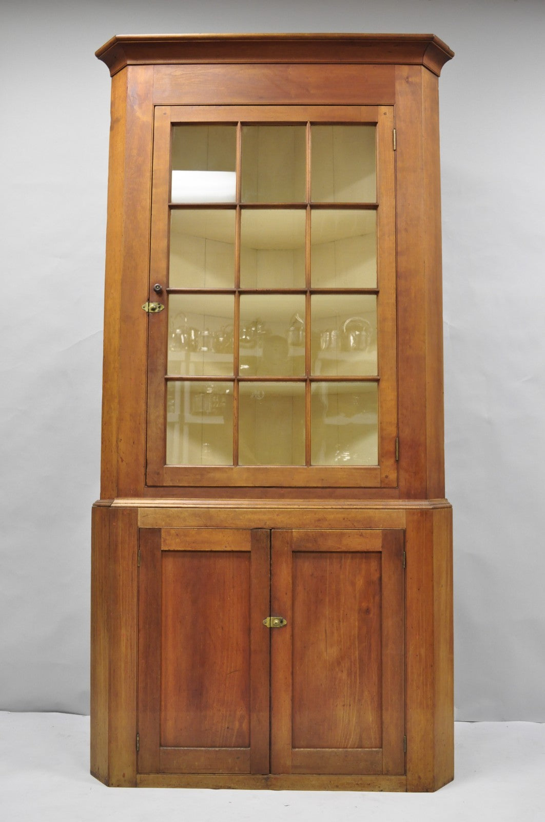 Antique Colonial Primitive Cherry Wood Glass Front Corner China Cabinet Cupboard