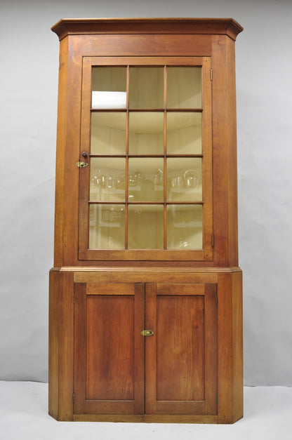 Antique Colonial Primitive Cherry Wood Glass Front Corner China Cabinet Cupboard