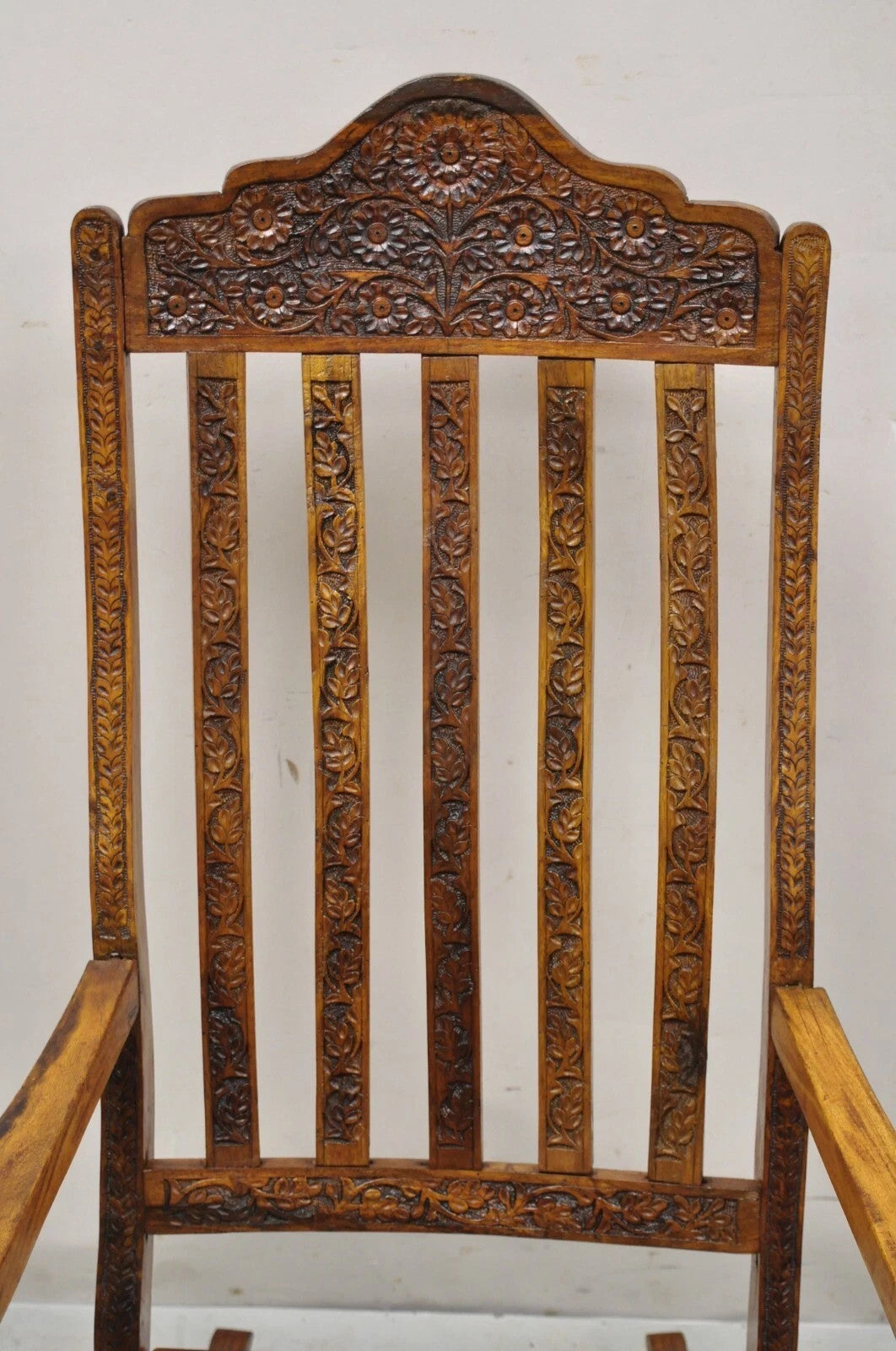 Vintage Anglo Indian Carved Teak Wood Rocking Chair Rocker