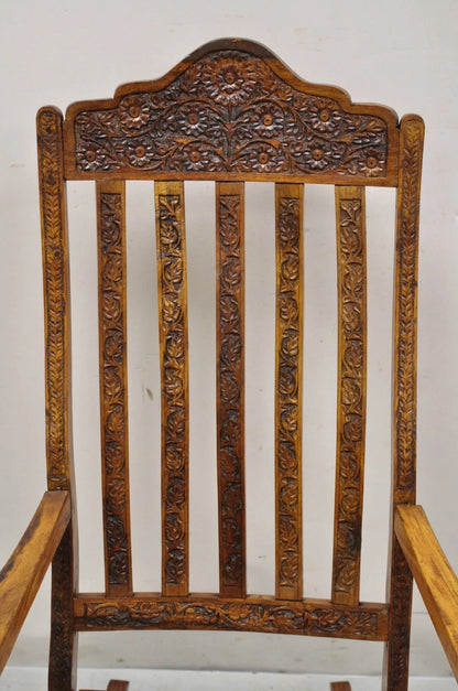 Vintage Anglo Indian Carved Teak Wood Rocking Chair Rocker