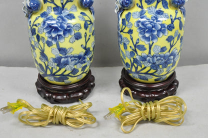 Vintage Chinoiserie Chinese Blue & Yellow Flower Small Porcelain Table Lamp Pair