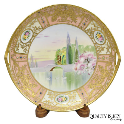 Antique Nippon Hand Painted Porcelain Gold Gilt Swan & Lake Scene Cabinet Plate