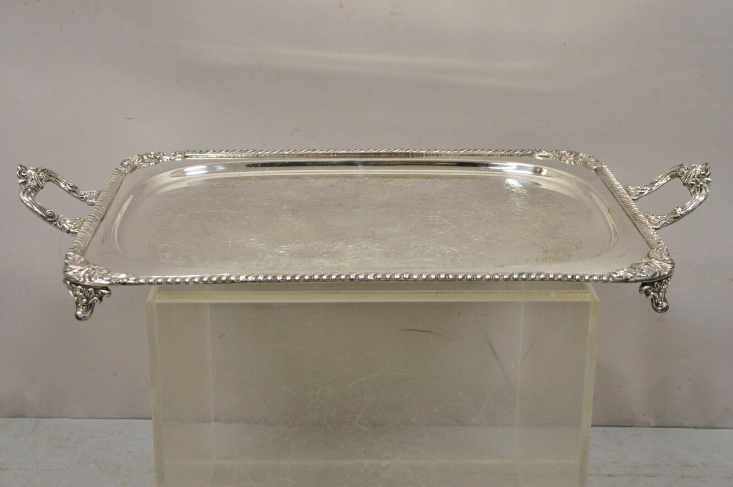 Ornate English Victorian Twin Handle Heavy Silver Plate Platter Tray