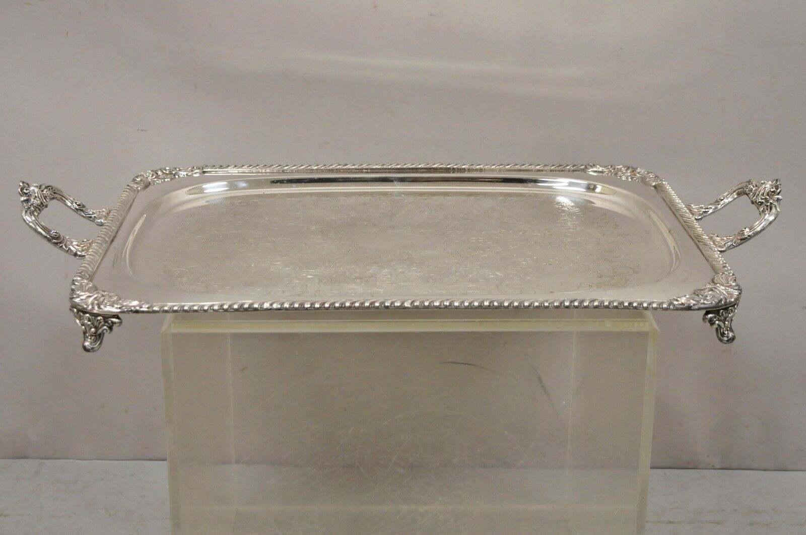 Ornate English Victorian Twin Handle Heavy Silver Plate Platter Tray