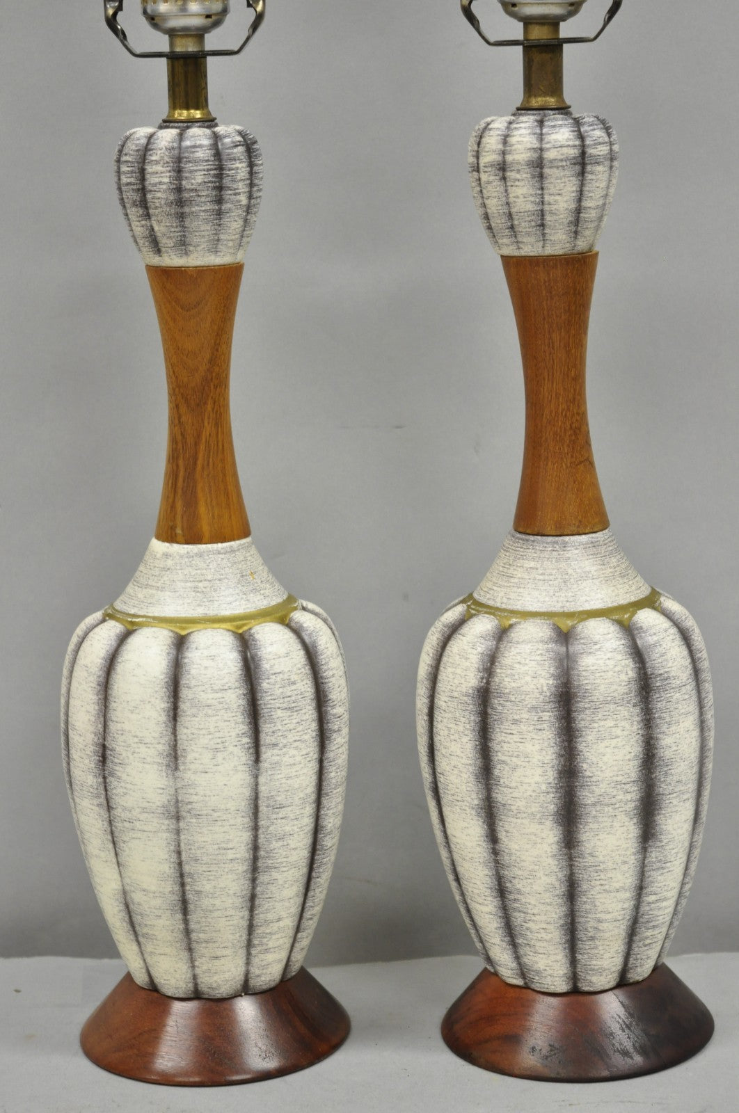 Vintage Mid Century Modern Walnut & Ceramic Small Sculptural Table Lamps - Pair