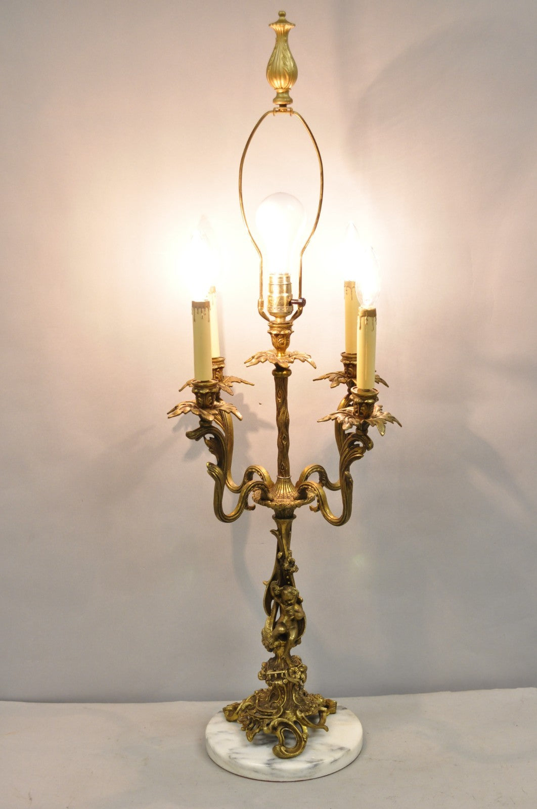 Vintage French Rococo Louis XV Brass Marble Figural Cherub Candelabra Table Lamp