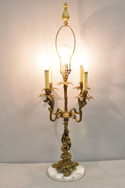 Vintage French Rococo Louis XV Brass Marble Figural Cherub Candelabra Table Lamp