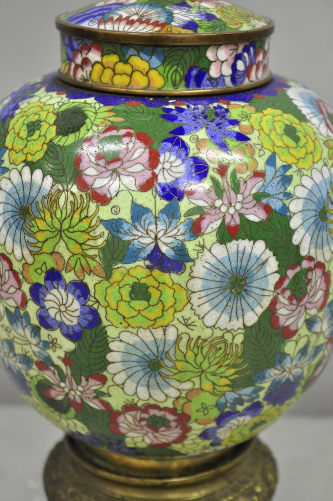 Cloisonne Porcelain Enamel Small Bronze Bulbous Chinese Ginger Jar Table Lamp
