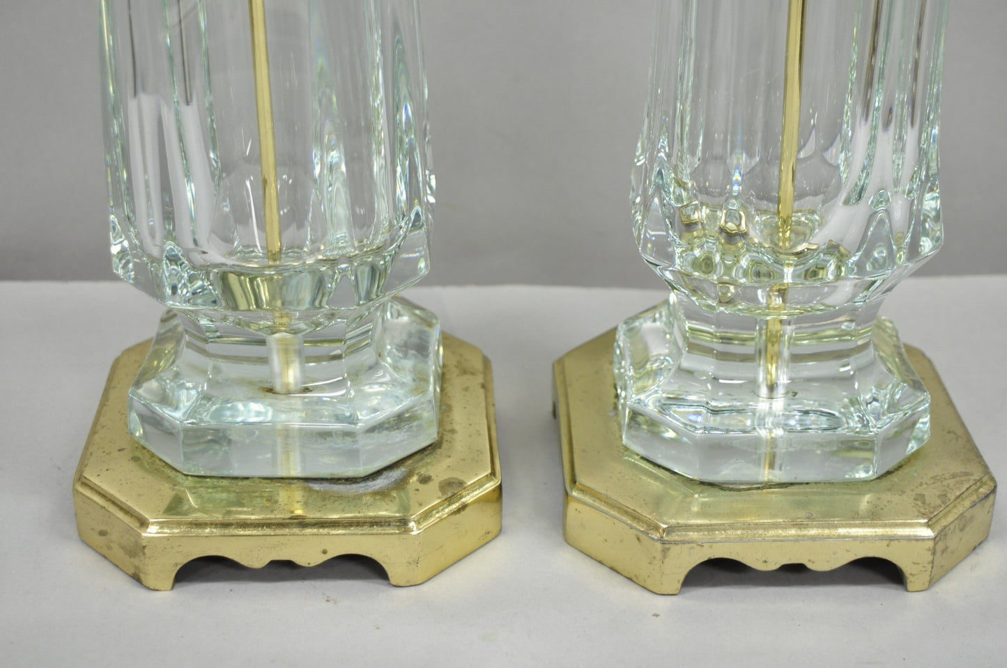 Vintage Cofrac Art Verrier French Leaded Crystal Glass & Brass Table Lamps, Pair