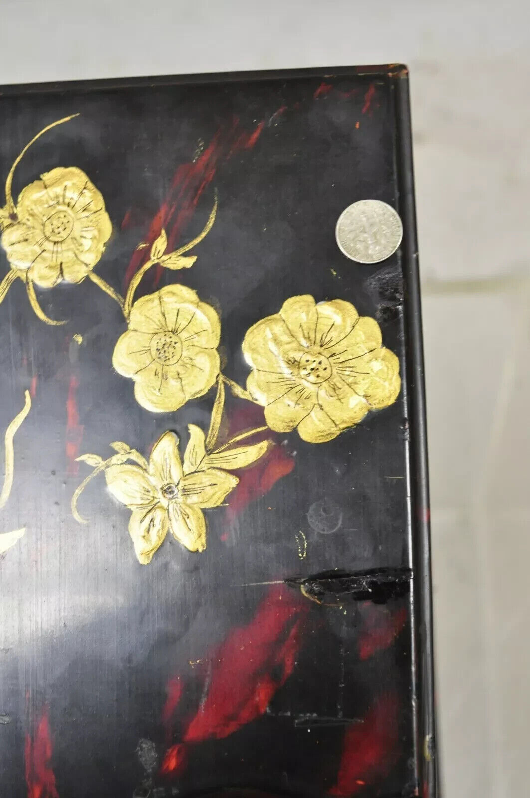 Vintage George III Style Lacquered Wood Hand Painted Butterfly Flower Knife Box