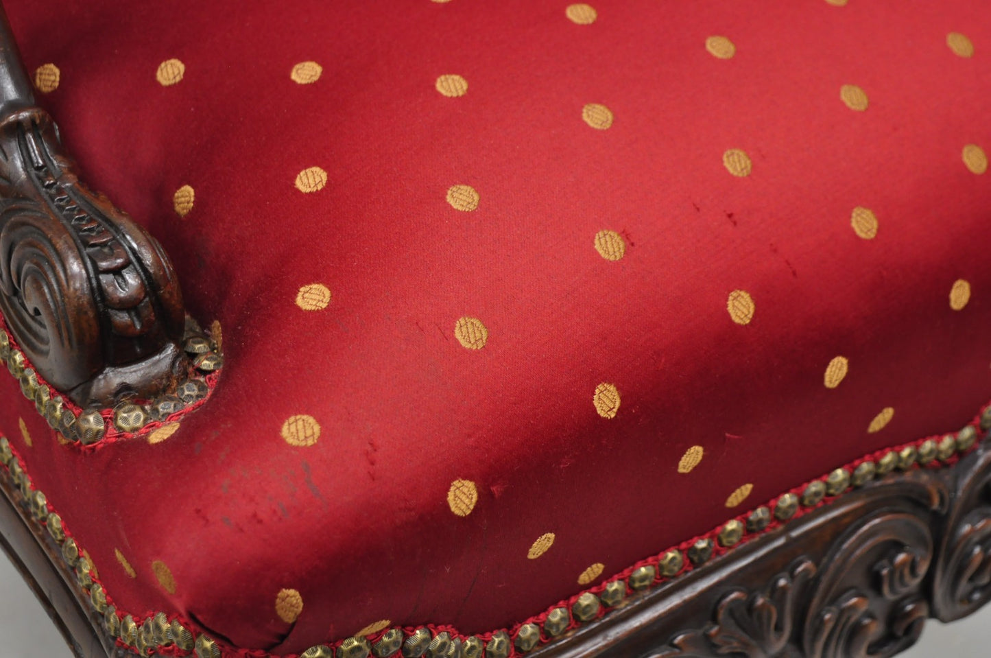 Antique English Georgian Style Carved Mahogany Red Library Lounge Arm Chair