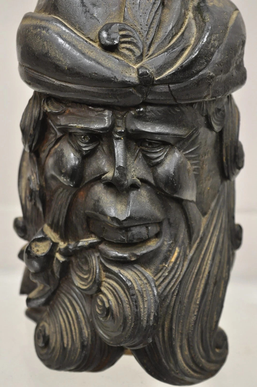 19th C European Black Forest Figural Wood Carved Bearded Man Lidded Tobacco Jar