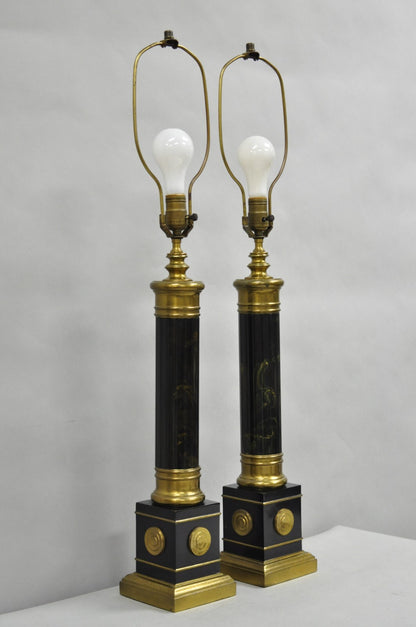 Vintage French Empire Brass Metal "Smoky" Celluloid Column Table Lamps - a Pair