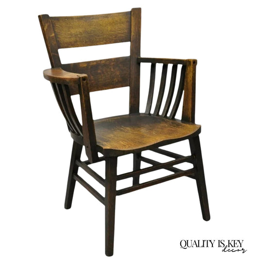 Antique Arts & Crafts Mission Oak Bowed Spindle Plank Seat School Arm Chair
