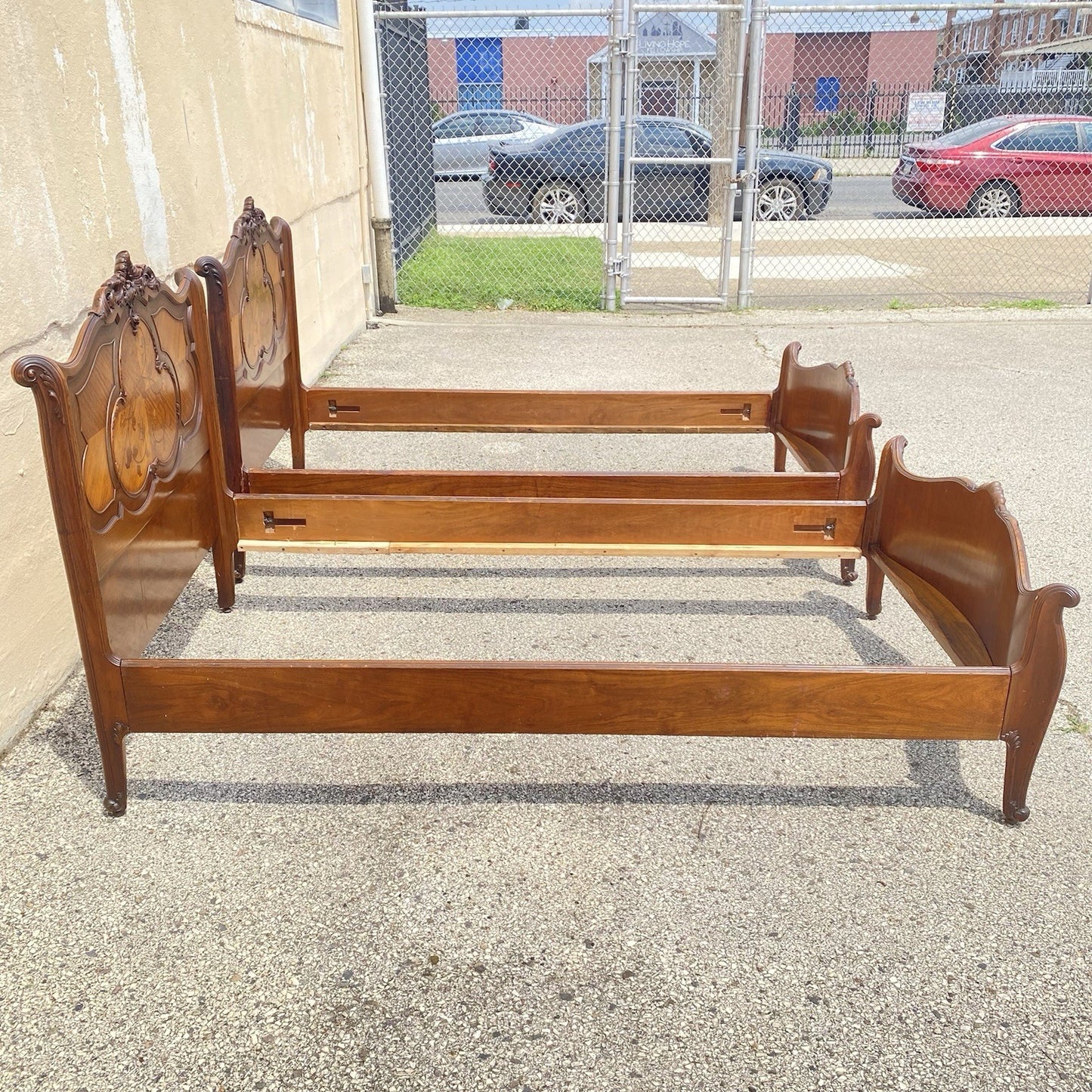 Antique French Louis XV Style Walnut Satinwood Inlay Twin Bed Frames - a Pair