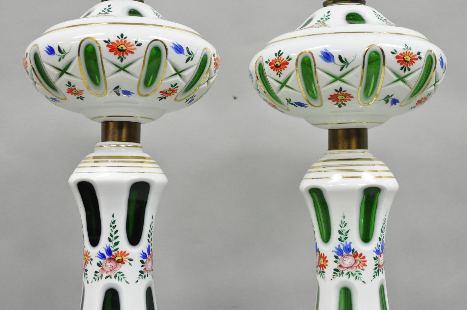 Antique Czech Bohemian Glass Emerald Green Flower Painted Table Lamps - a Pair