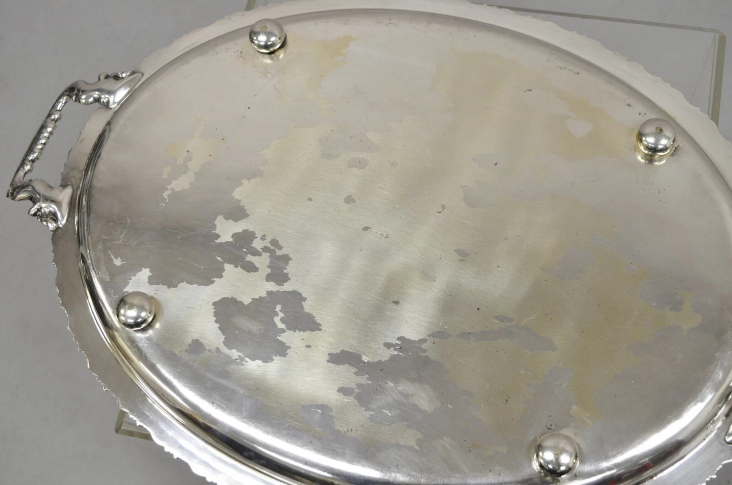 Antique English Victorian Silver Plated Repousse Oval Serving Platter Bar Tray