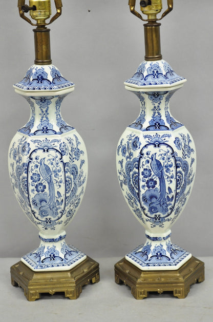 Vintage Chinoiserie Blue & White Porcelain Urn Bird Painted Table Lamps - a Pair