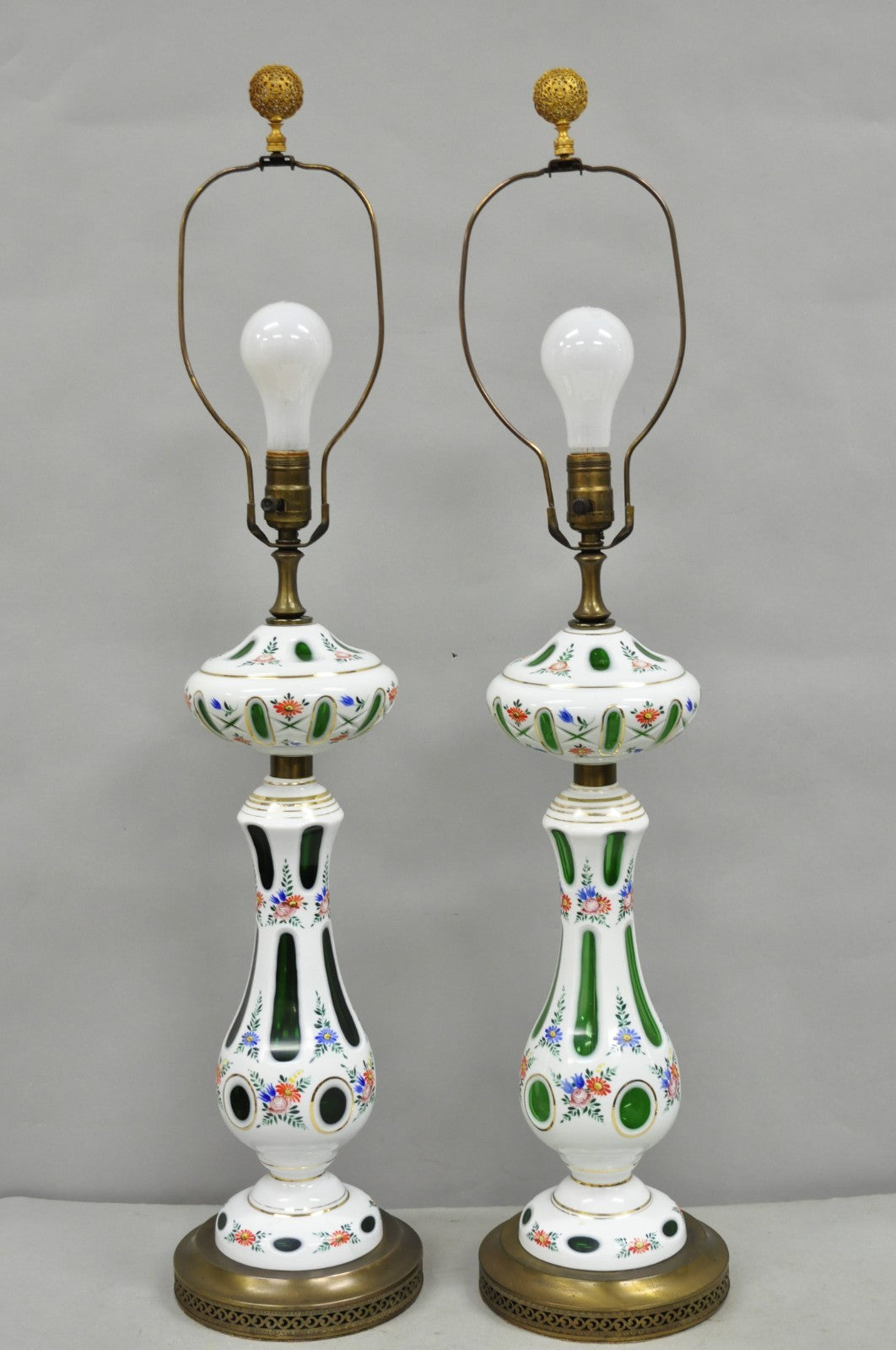 Antique Czech Bohemian Glass Emerald Green Flower Painted Table Lamps - a Pair