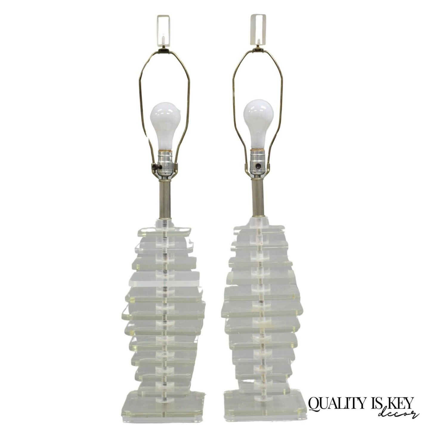 Vintage Mid Century Modern Stacked Lucite Skyscraper Table Lamps - a Pair