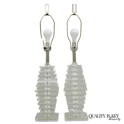 Vintage Mid Century Modern Stacked Lucite Skyscraper Table Lamps - a Pair