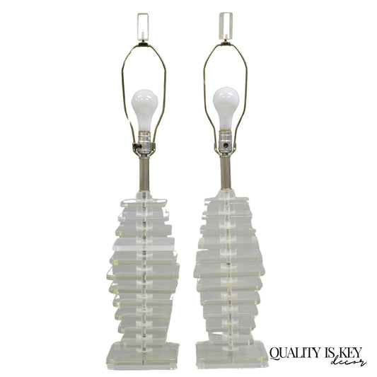 Vintage Mid Century Modern Stacked Lucite Skyscraper Table Lamps - a Pair