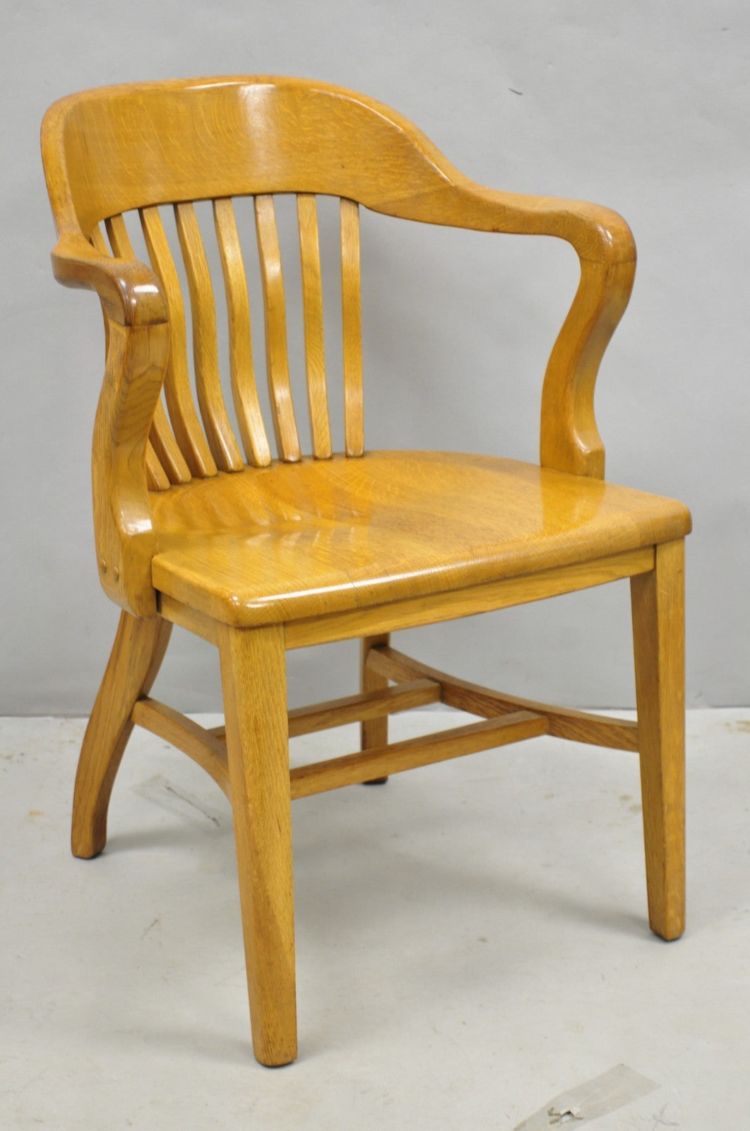 Traditional Antique Solid Golden Oak Wood Office Library Bankers Arm Chair