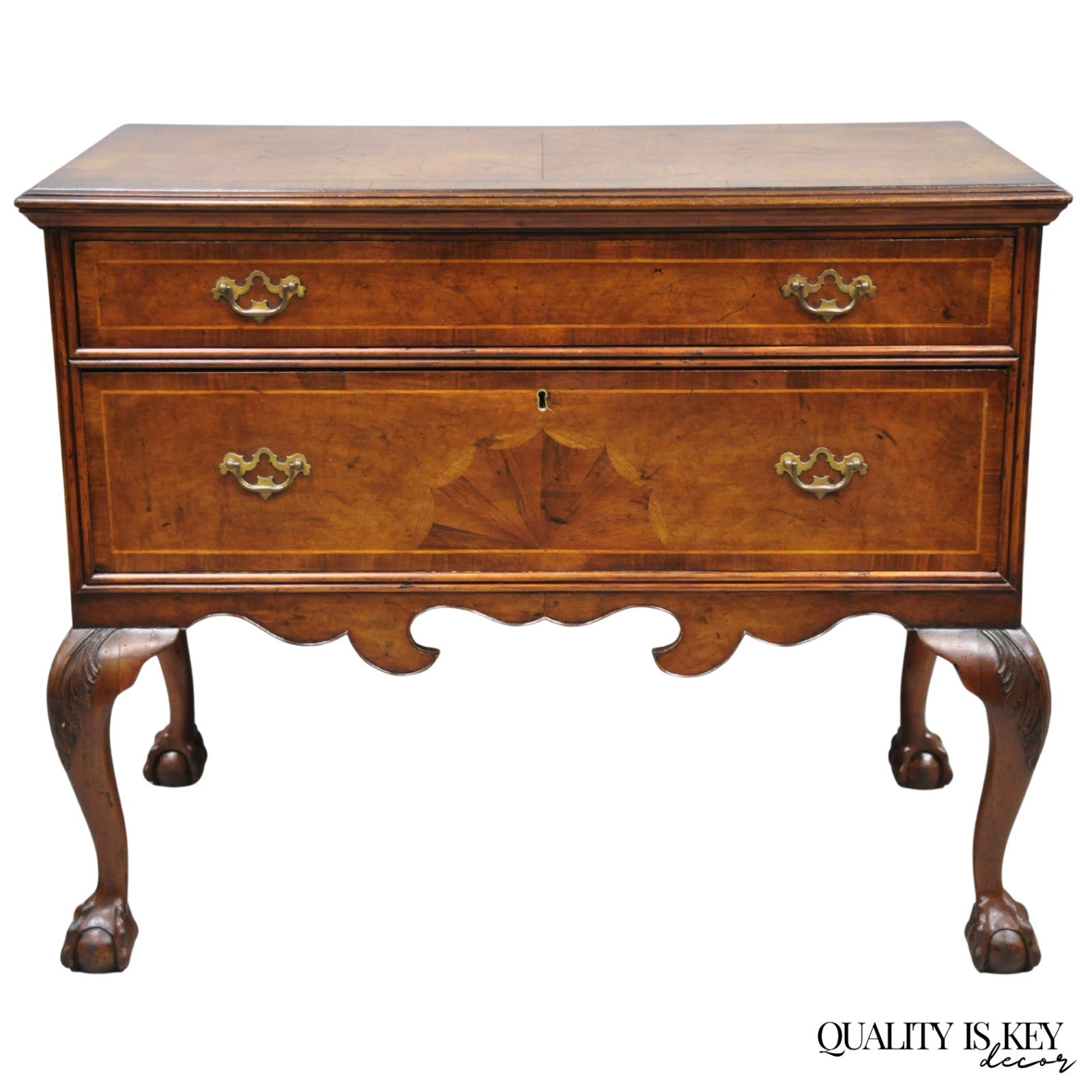 Antique English Georgian Burl Walnut Ball and Claw Inlaid Lowboy Bachelor Chest