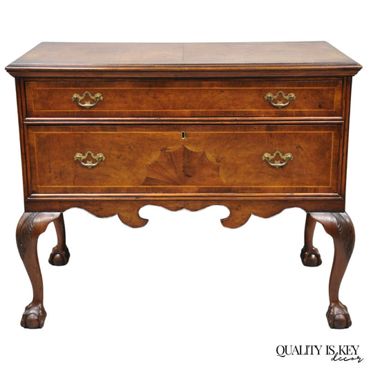 Antique English Georgian Burl Walnut Ball and Claw Inlaid Lowboy Bachelor Chest