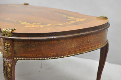 Antique French Louis XV Style Floral Inlay Walnut Coffee Table with Drawer