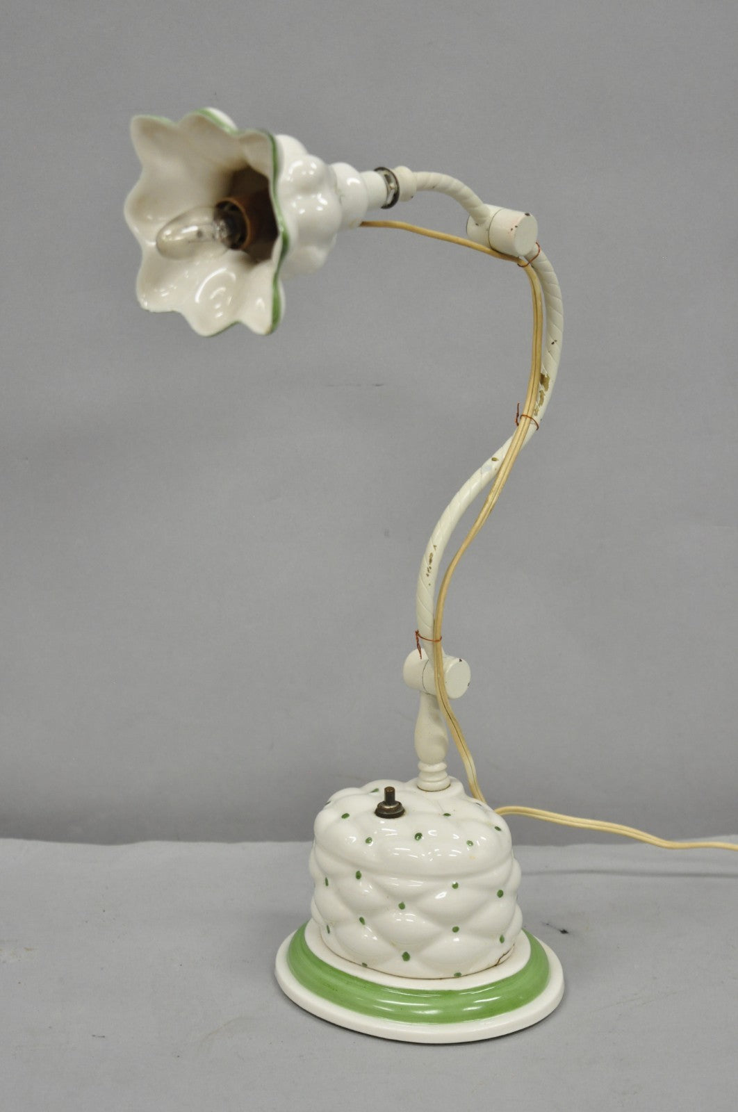 Antique French Art Deco Quilted Porcelain Small Adjustable Boudoir Bedside Lamp