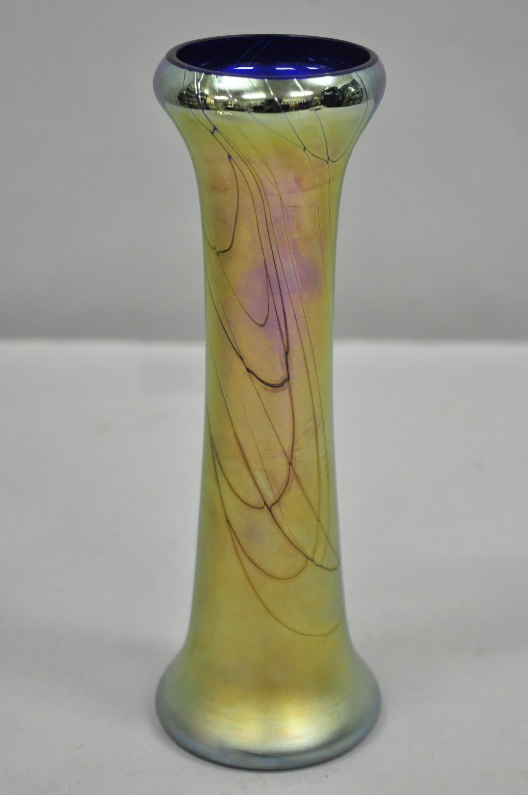 Vintage Steven Maslach 1987 Signed Iridescent & Cobalt Blue Art Glass Vase