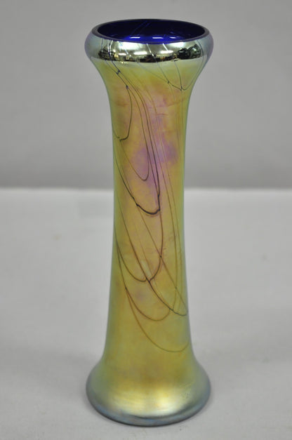 Vintage Steven Maslach 1987 Signed Iridescent & Cobalt Blue Art Glass Vase