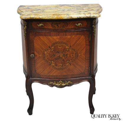 Antique French Louis XV Style Marble Top Satinwood Inlay Bombe Nightstand Table