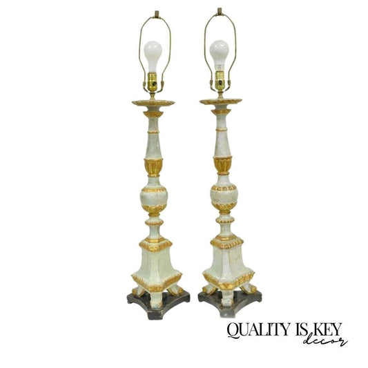 Antique Italian Neoclassical Hand-Carved Giltwood Candlestick Table Lamps - Pair