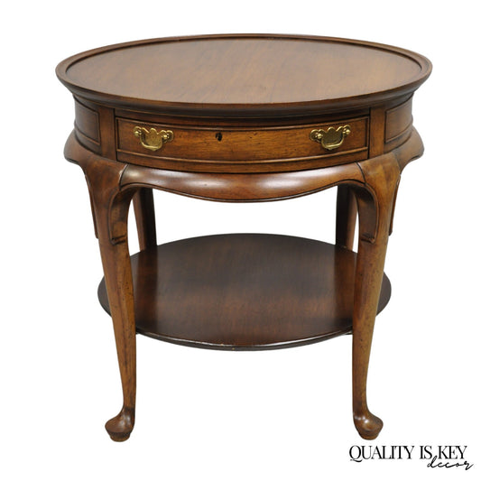 Vintage English Queen Anne Style Round Walnut Wood Lamp Side Table by Hekman