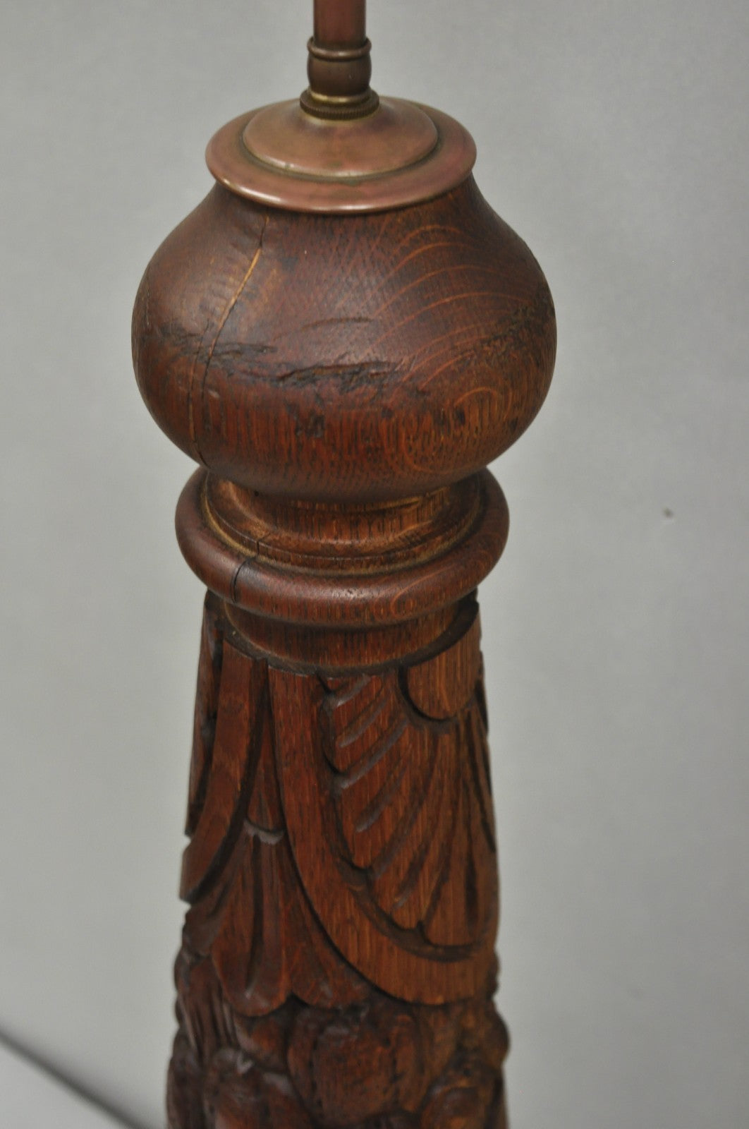 Antique French Country Reclaimed Harvest Carved Oak Wood Baluster Table Lamp