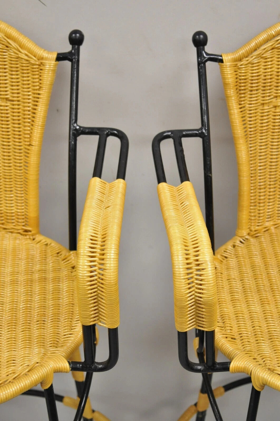 French Country Wrought Iron Woven Vinyl Rattan Bar Stools With Arms - Set of 4