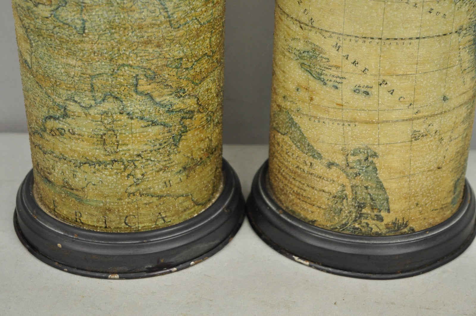 Vintage Regency Style European Old World Map Wrapped Cylinder Table Lamps - Pair