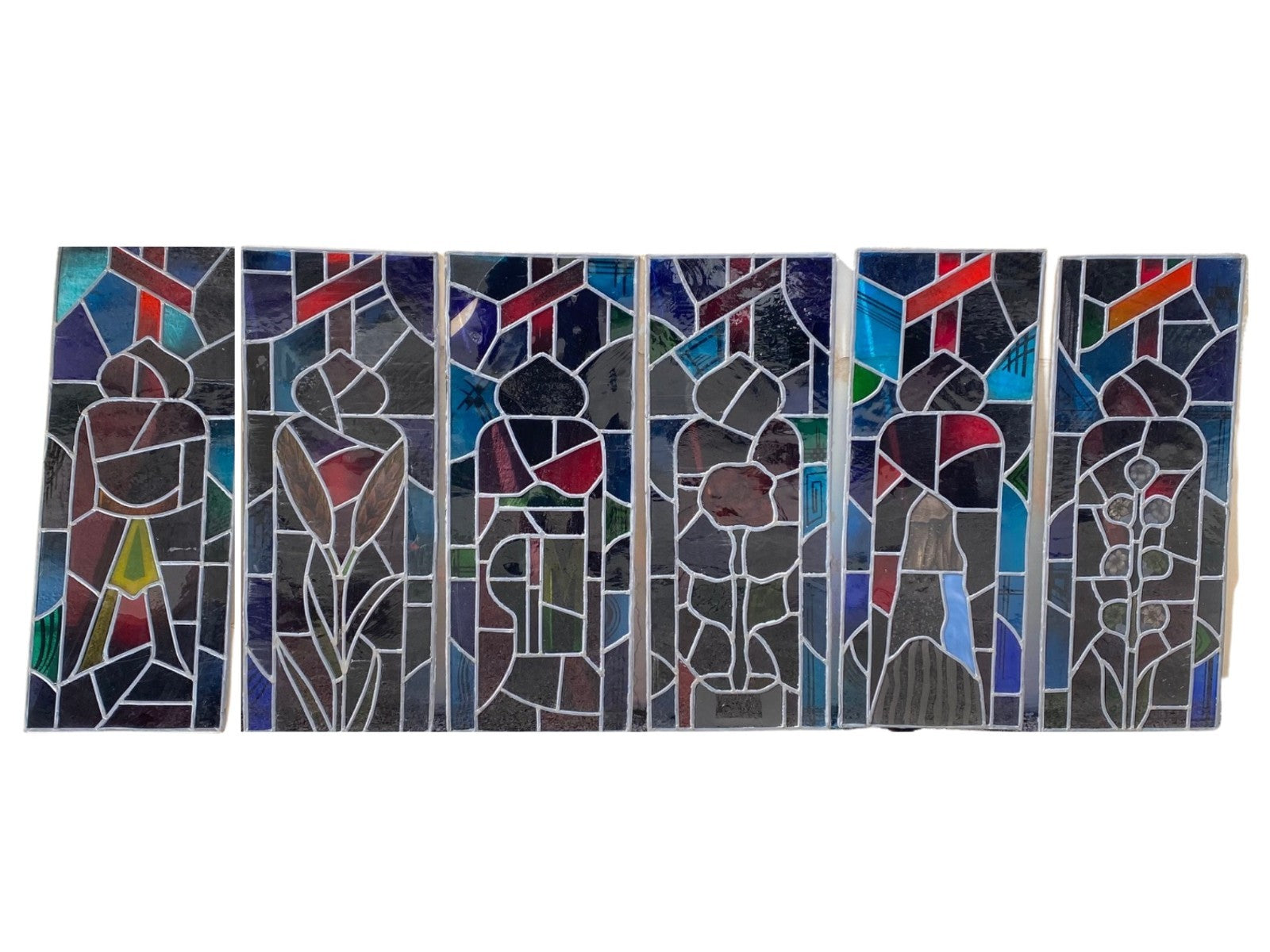 Vintage Art Deco Blue & Red Leaded Stained Glass Church Window w/ Cross - 6 Pcs