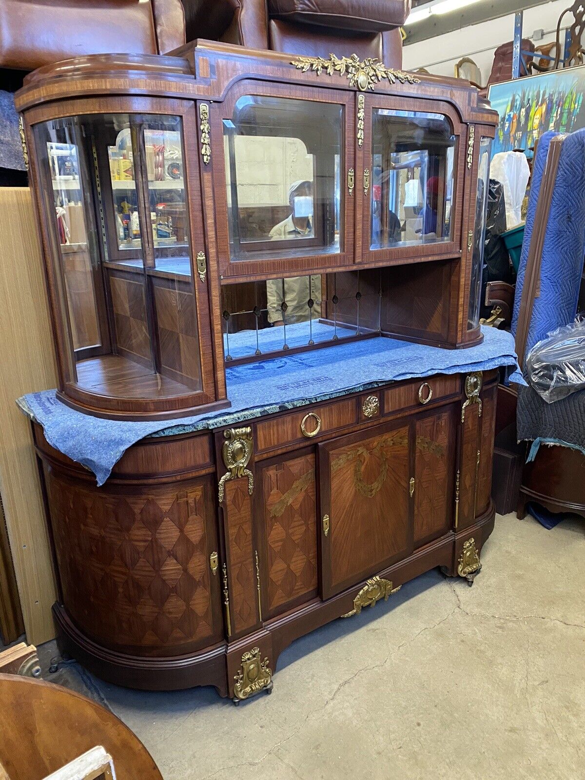 Antique French Louis XV Style Marble Top Bowed Glass Bronze Ormolu Sideboard