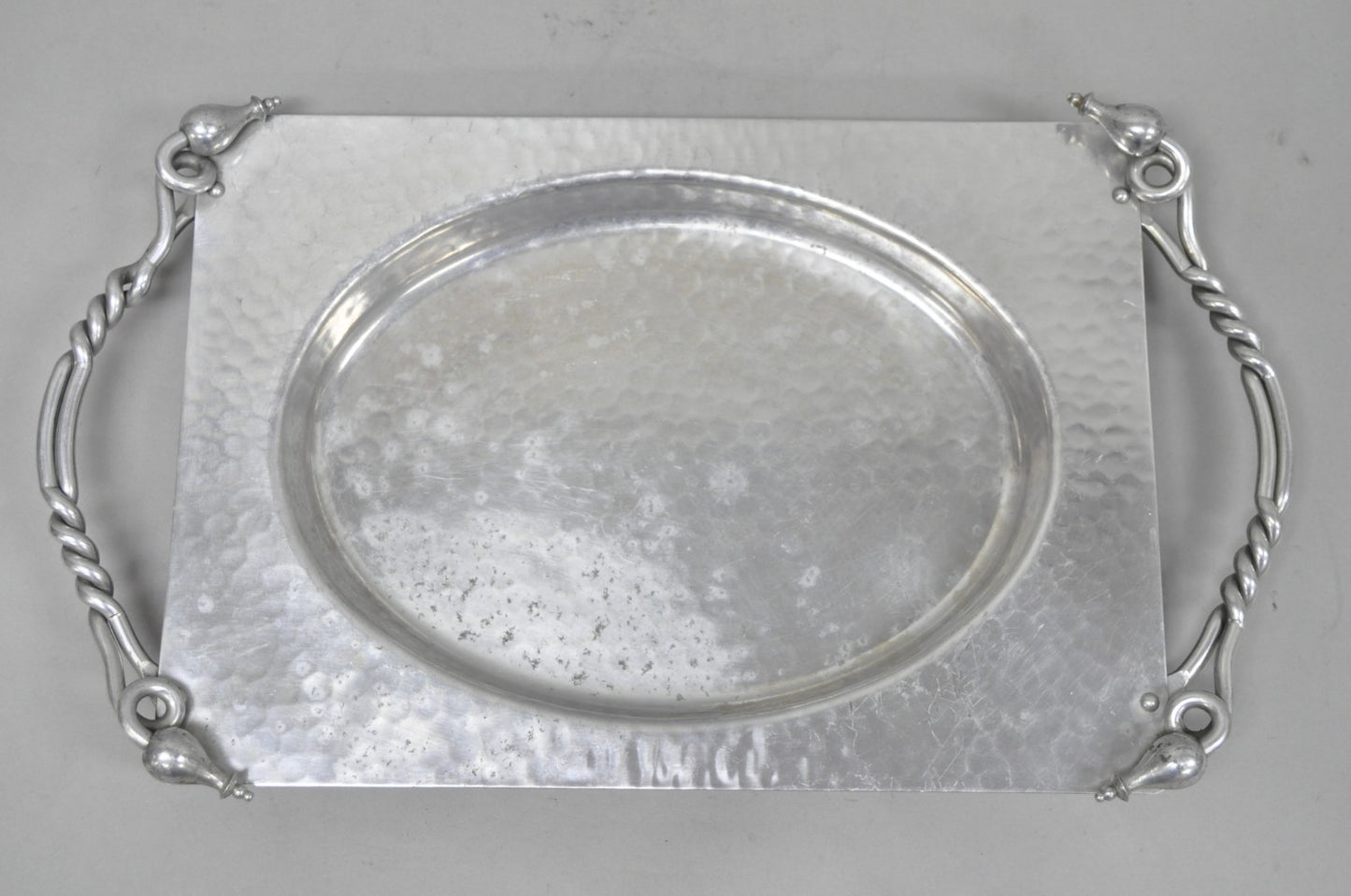 Vintage Buenilum Art Nouveau Hand Hammered Aluminum Serving Tray w Tulip Handles
