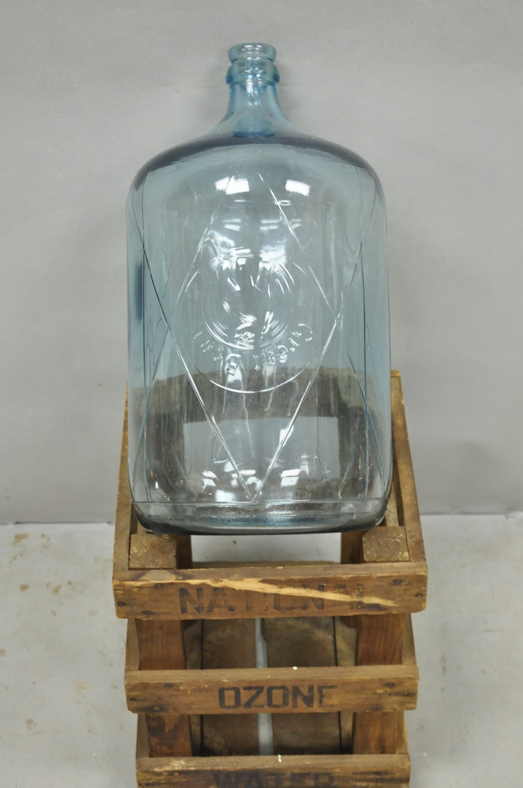 Vintage Great Bear Blue 5 Gallon Glass Carboy Jug in Wooden Crate
